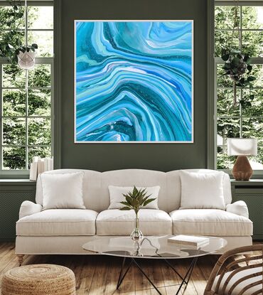 In this artwork, different shades of blue, green, and aqua blend with a touch of white to form abstract and flowing/waving lines across the canvas. These colors feel uplifting and optimistic.