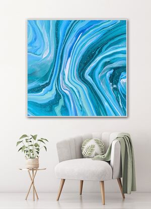 In this artwork, different shades of blue, green, and aqua blend with a touch of white to form abstract and flowing/waving lines across the canvas. These colors feel uplifting and optimistic.