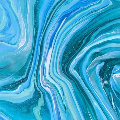 In this artwork, different shades of blue, green, and aqua blend with a touch of white to form abstract and flowing/waving lines across the canvas. These colors feel uplifting and optimistic.