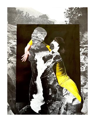 Silhouette of an embracing couple collaged with vintage river rapids . I ve left some of the woman’s yellow clothing in for a beautiful contrast. The work is intended to be mysterious and ambiguous.  Are the couple embracing, fighting , breaking up?