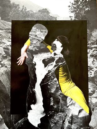 Silhouette of an embracing couple collaged with vintage river rapids . I ve left some of the woman’s yellow clothing in for a beautiful contrast. The work is intended to be mysterious and ambiguous.  Are the couple embracing, fighting , breaking up?