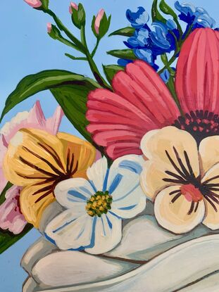 One of four whimsical cupcake paintings, adorned with flowers on circular board, because "happiness is only a cupcake away!"