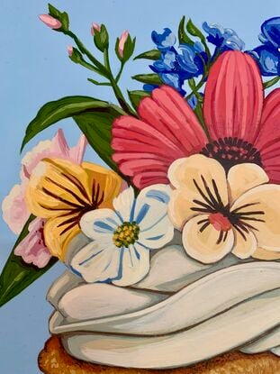 One of four whimsical cupcake paintings, adorned with flowers on circular board, because "happiness is only a cupcake away!"