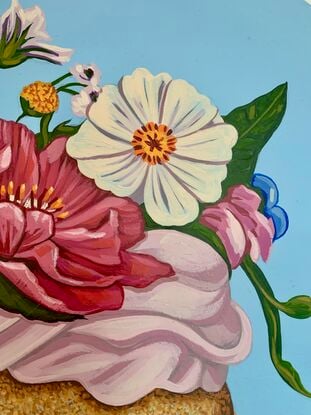 One of four whimsical cupcake paintings, adorned with flowers on circular board, because "happiness is only a cupcake away!"