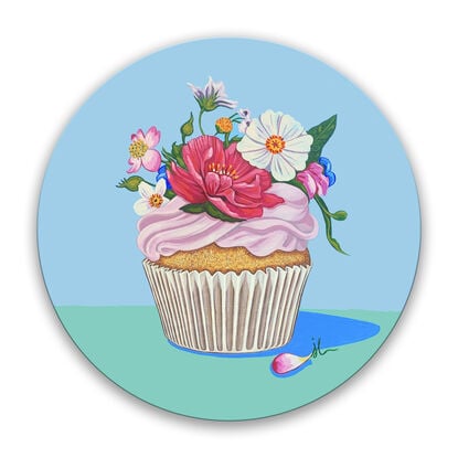 One of four whimsical cupcake paintings, adorned with flowers on circular board, because "happiness is only a cupcake away!"