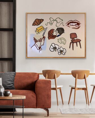 Painting of couple embracing, orchid flowers, croissant, butter, mid century chair and mouth and lips.