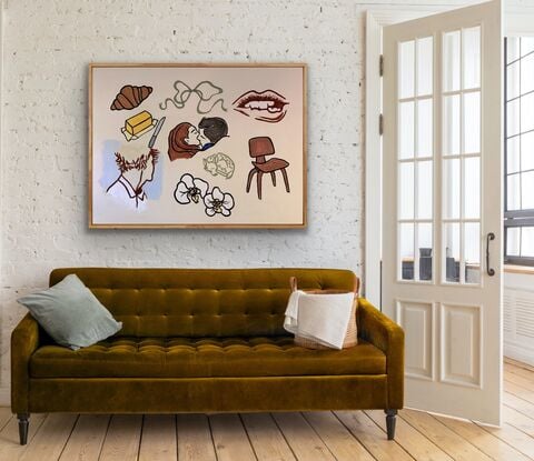 Painting of couple embracing, orchid flowers, croissant, butter, mid century chair and mouth and lips.