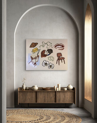 Painting of couple embracing, orchid flowers, croissant, butter, mid century chair and mouth and lips.