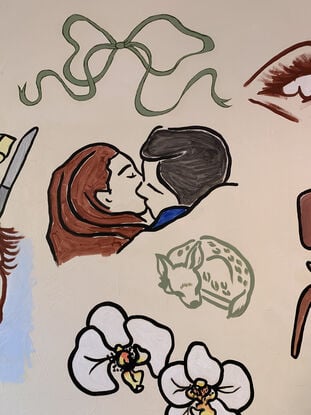 Painting of couple embracing, orchid flowers, croissant, butter, mid century chair and mouth and lips.