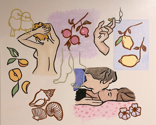 Painting of woman, kiss, fruits, flowers, shells, birds in a romantic style.