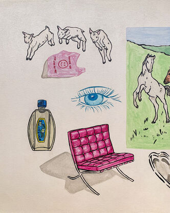 Painting of horses, perfume bottle, Eames chair, eye, lambs and a sliver locket.