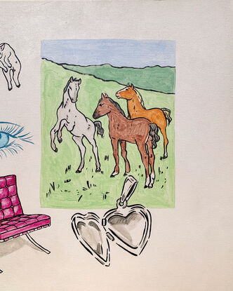 Painting of horses, perfume bottle, Eames chair, eye, lambs and a sliver locket.