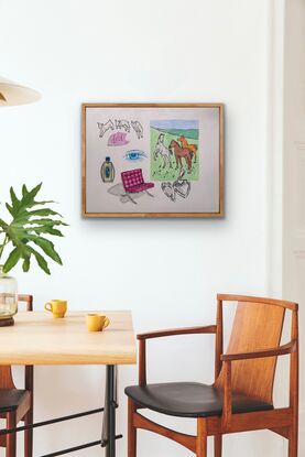 Painting of horses, perfume bottle, Eames chair, eye, lambs and a sliver locket.