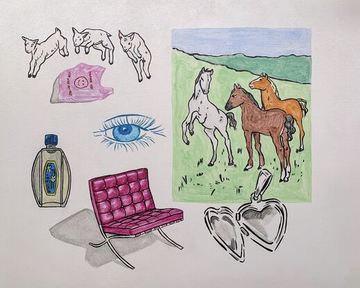 Painting of horses, perfume bottle, Eames chair, eye, lambs and a sliver locket.