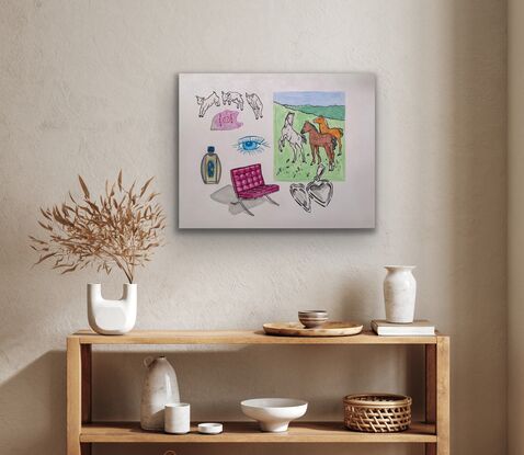 Painting of horses, perfume bottle, Eames chair, eye, lambs and a sliver locket.