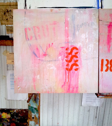 Graffiti style artwork with text and stencilling, on braced board.  Deep red pink and light pink painting on a weathered background. White and pale pink layers of acrylic paint with oil pen marks marks showing through translucent layers. Ready to hang. Unframed. 