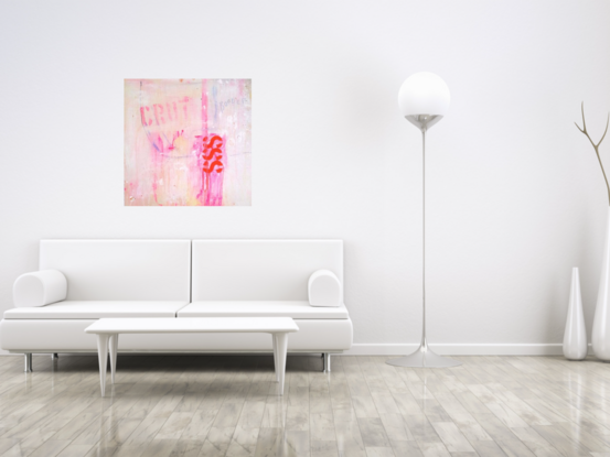 Graffiti style artwork with text and stencilling, on braced board.  Deep red pink and light pink painting on a weathered background. White and pale pink layers of acrylic paint with oil pen marks marks showing through translucent layers. Ready to hang. Unframed. 