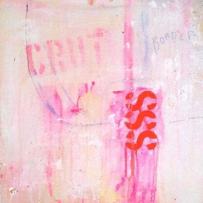 Graffiti style artwork with text and stencilling, on braced board.  Deep red pink and light pink painting on a weathered background. White and pale pink layers of acrylic paint with oil pen marks marks showing through translucent layers. Ready to hang. Unframed. 