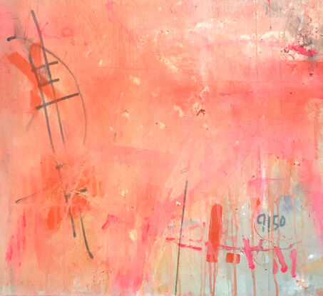 Graffiti style artwork with text and stencilling, on braced board.  Deep red pink and light pink painting on a weathered background. White, pale pink and deep coral orange layers of acrylic paint with oil pen marks marks showing through translucent layers. Ready to hang. Unframed. 