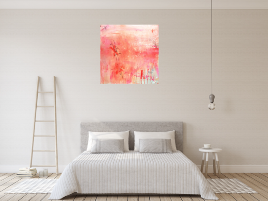 Graffiti style artwork with text and stencilling, on braced board.  Deep red pink and light pink painting on a weathered background. White, pale pink and deep coral orange layers of acrylic paint with oil pen marks marks showing through translucent layers. Ready to hang. Unframed. 