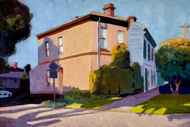 Oil painting of old two storey cottage with the low winter sun casting long shadows.