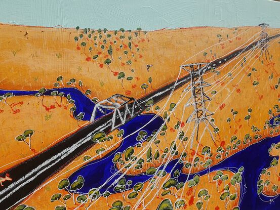 A large abstract aerial painting of a rural Australian landscape with rivers, fields and native wildlife. Made with eye catching textures and details and vibrant ochres and ultramarine blue colours. This large Australian painting is a great conversation piece for any art collector and lover of nature.