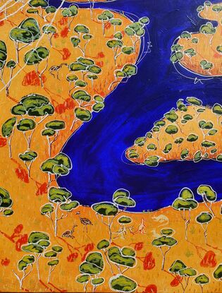 A large abstract aerial painting of a rural Australian landscape with rivers, fields and native wildlife. Made with eye catching textures and details and vibrant ochres and ultramarine blue colours. This large Australian painting is a great conversation piece for any art collector and lover of nature.