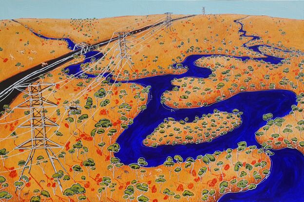 A large abstract aerial painting of a rural Australian landscape with rivers, fields and native wildlife. Made with eye catching textures and details and vibrant ochres and ultramarine blue colours. This large Australian painting is a great conversation piece for any art collector and lover of nature.