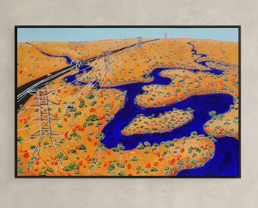 A large abstract aerial painting of a rural Australian landscape with rivers, fields and native wildlife. Made with eye catching textures and details and vibrant ochres and ultramarine blue colours. This large Australian painting is a great conversation piece for any art collector and lover of nature.