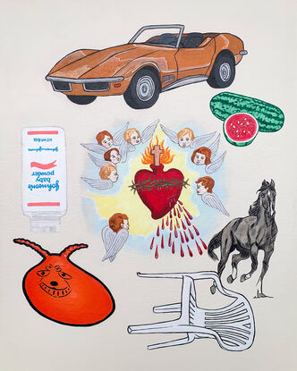 Painting of angels, sacred heart, angels, a convertible sports car, a horse running, a Space Hooper, a watermelon, and baby powder.