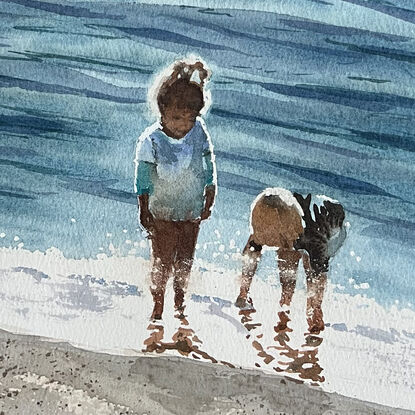 An beach scene, sparkling water and and 2 children playing by the water's edge.