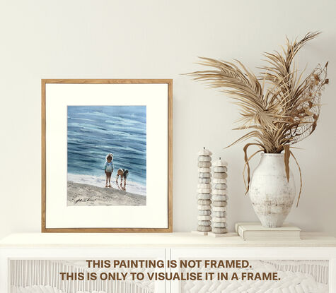 An beach scene, sparkling water and and 2 children playing by the water's edge.