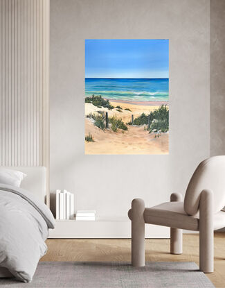 Pathway to the beach with w wave, foliage and shadows in the sand dunes 
