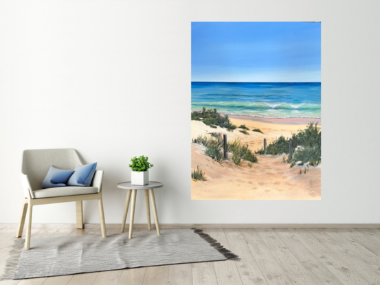 Pathway to the beach with w wave, foliage and shadows in the sand dunes 
