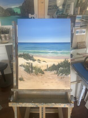 Pathway to the beach with w wave, foliage and shadows in the sand dunes 
