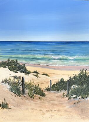 Pathway to the beach with w wave, foliage and shadows in the sand dunes 
