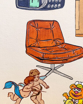 Painting of McDonalds toy, armchair, Nokia mobile phone, 1990s nostalgia, hair clip, cupids, library card.