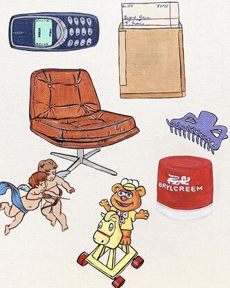 Painting of McDonalds toy, armchair, Nokia mobile phone, 1990s nostalgia, hair clip, cupids, library card.