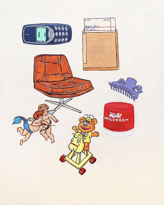 Painting of McDonalds toy, armchair, Nokia mobile phone, 1990s nostalgia, hair clip, cupids, library card.