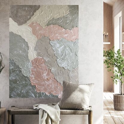 Thick clouds of lightweight plaster overlap each other to created a cloud-like affect. Each cloud is in a shade of beige, terracotta, sage and olive.