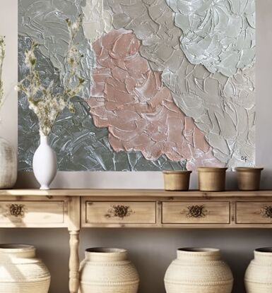 Thick clouds of lightweight plaster overlap each other to created a cloud-like affect. Each cloud is in a shade of beige, terracotta, sage and olive.