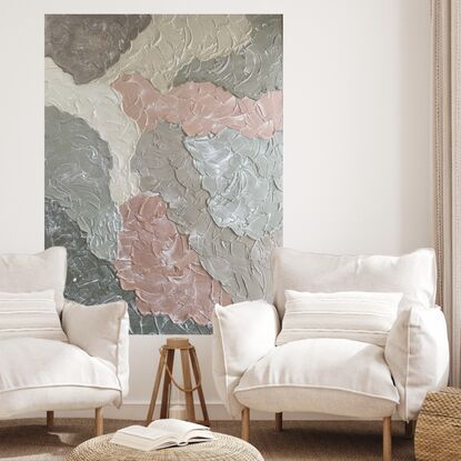 Thick clouds of lightweight plaster overlap each other to created a cloud-like affect. Each cloud is in a shade of beige, terracotta, sage and olive.