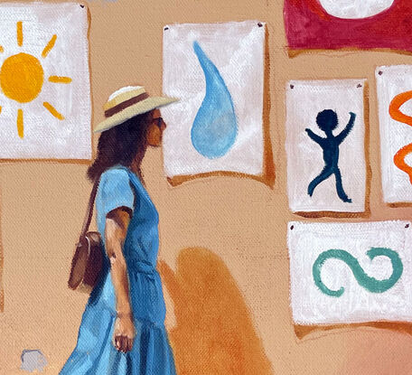 We see a woman walking next to a wall, covered in posters. The posters show big, almost abstract symbols in bright colours. It seems like the hottest part of day, with the sun beating down. The central figure is wearing a swishy blue dress.