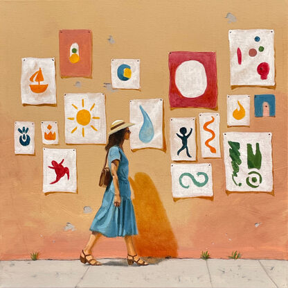 We see a woman walking next to a wall, covered in posters. The posters show big, almost abstract symbols in bright colours. It seems like the hottest part of day, with the sun beating down. The central figure is wearing a swishy blue dress.