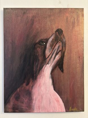 Painting of a French Brittany dog, looking upwards, in crimson and bronze tones. 