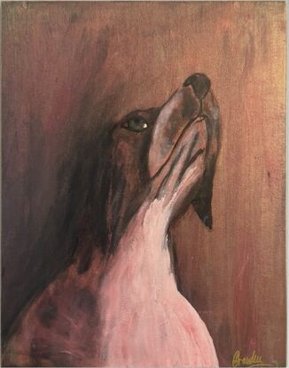 Painting of a French Brittany dog, looking upwards, in crimson and bronze tones. 