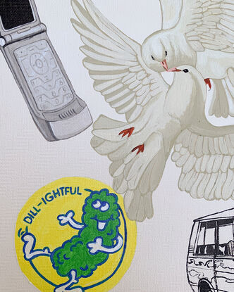 Painting of doves flying, a mobile phone, mushrooms, cupids, a Range Rover, a mid century armchair and a scratch-and-sniff sticker.