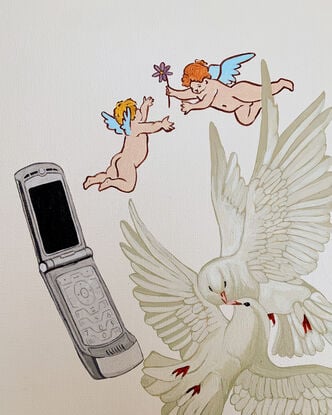 Painting of doves flying, a mobile phone, mushrooms, cupids, a Range Rover, a mid century armchair and a scratch-and-sniff sticker.