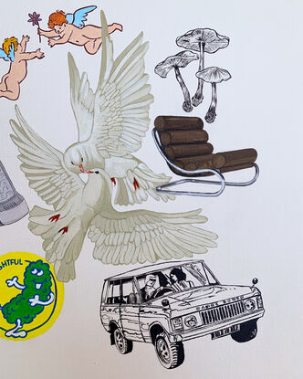 Painting of doves flying, a mobile phone, mushrooms, cupids, a Range Rover, a mid century armchair and a scratch-and-sniff sticker.