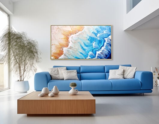 large painting in abstract of aerial of beach with white foam from waves coming into shore. The ocean is gorgeous turquoise waters, aquamarine and sparkeles like real water in the sunlight